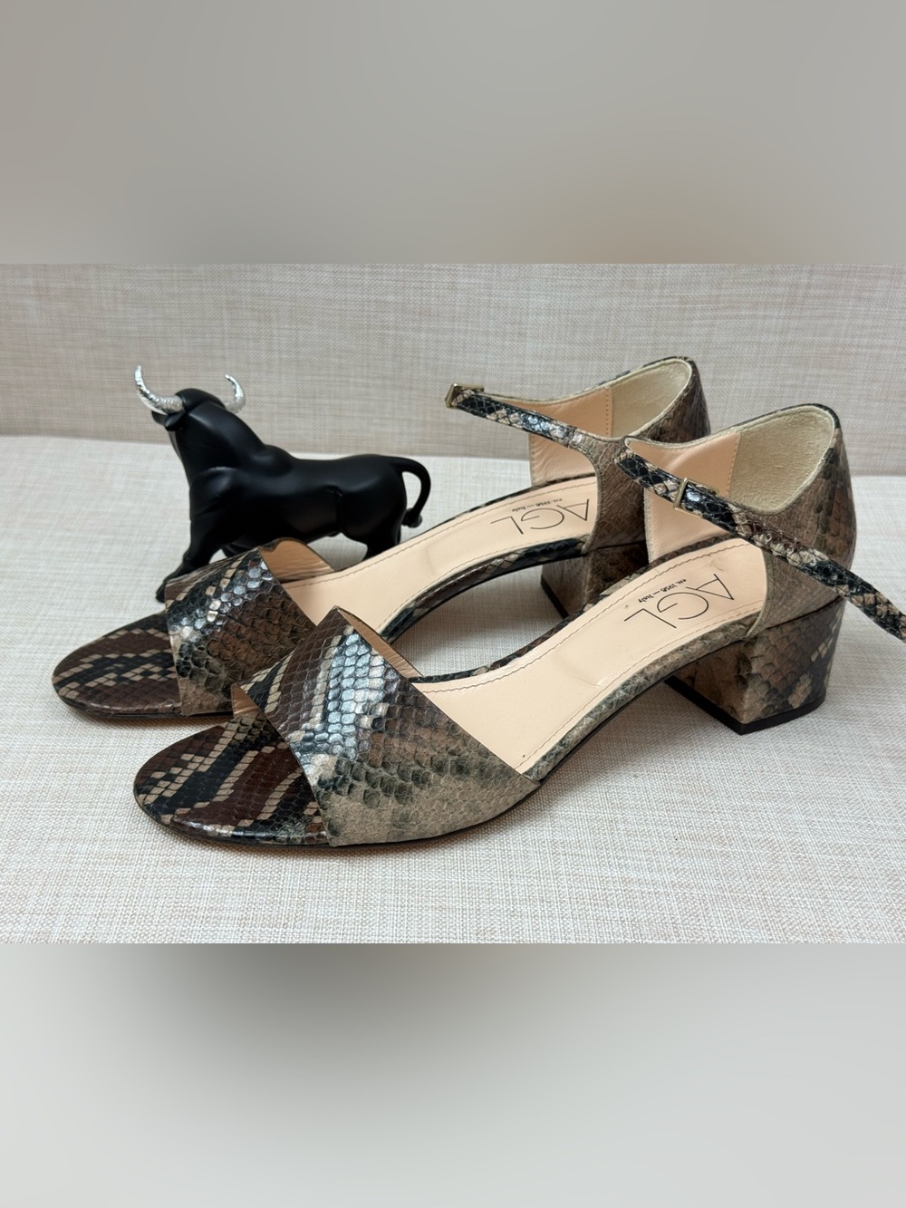 AGL Snake-Print Block Heel Sandals in Brown and Black